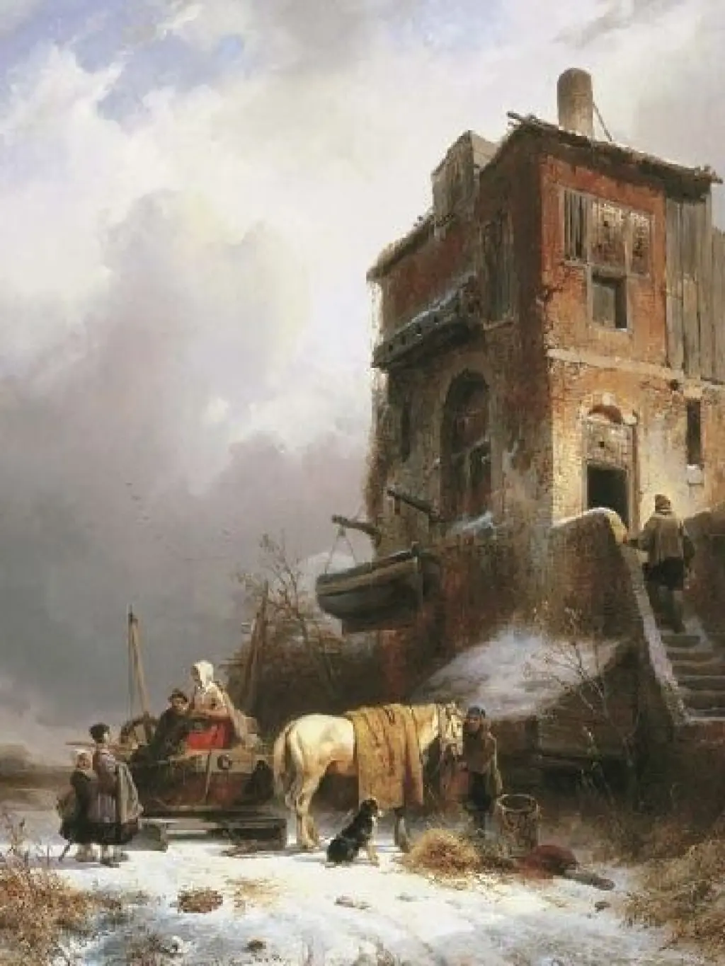 Een winterlandschap met figuren bij een vissershuis 